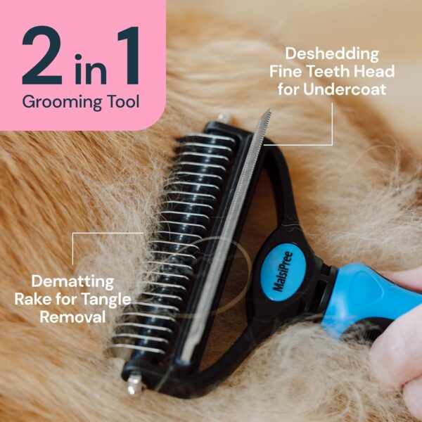 MalsiPree Dog Grooming Brush for Shedding - 2 in 1 Deshedding Tool and Undercoat Rake for Long and Short Haired Dogs with Double Coat - Dematting Comb and Pet Hair Deshedder Supplies (Large, Blue) - Image 2