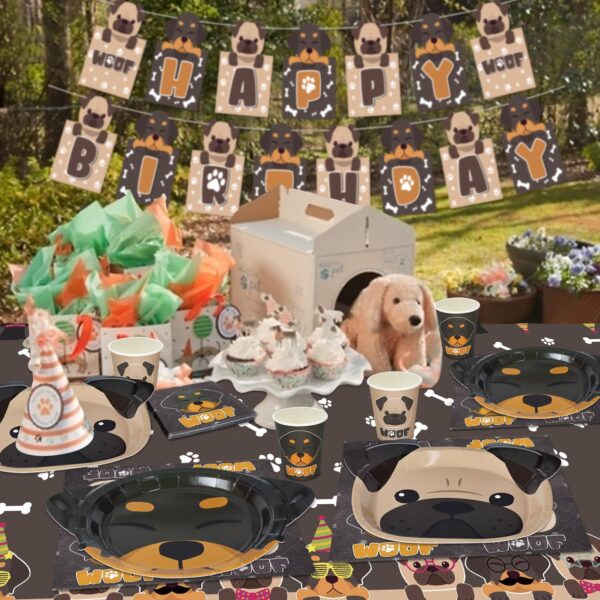 PIXHOTUL Dog Party Decorations, Dog Shape Plates, 61Pcs Doggy Party Supplies for Dog Kid Birthday, includes Dog Plates, Let's Pawty Tablecloth, Napkins, Serves 20 Guests - Image 4