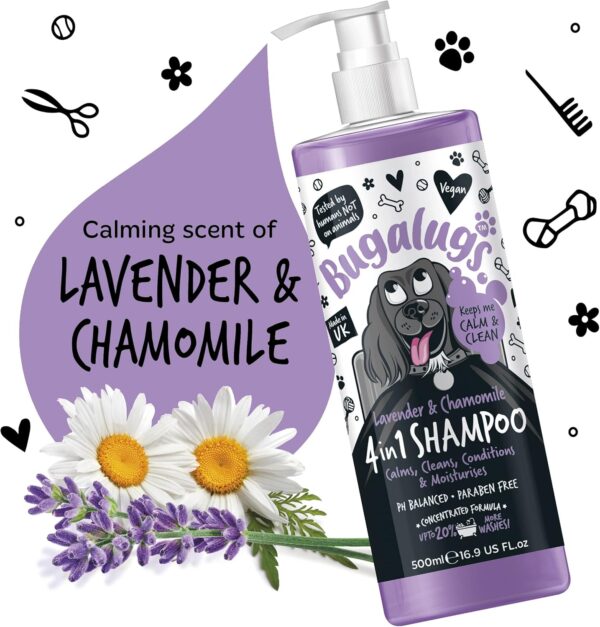 Dog Shampoo by Bugalugs lavender & chamomile 4 in 1 dog grooming shampoo products for smelly dogs, best puppy shampoo, professional groom Vegan pet shampoo & conditioner (1x500ml) - Image 2