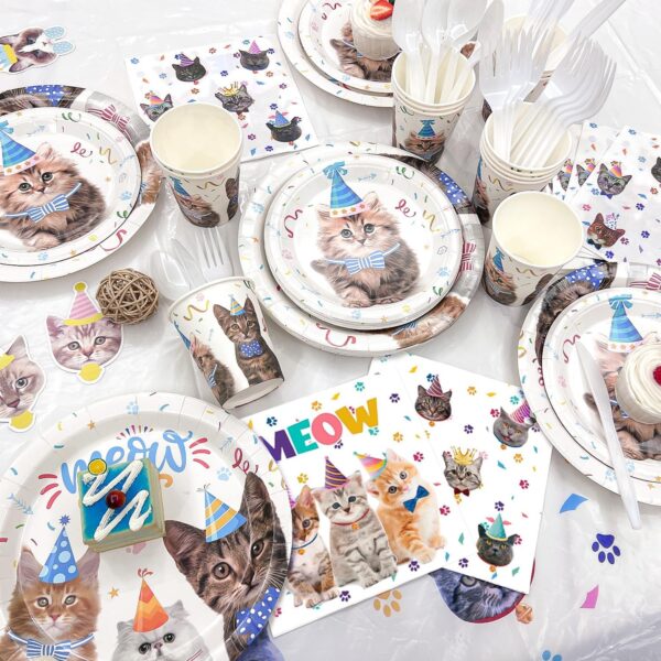 Fruitful Party Cat Supplies, 167pcs Birthday Decorations&Tableware Set-Cat Balloons, Plates Cups and Napkins Table Cloth&Cat Cake Toppers Banner Kitten Party Supplies, 7''&9'' (2023052509) - Image 2