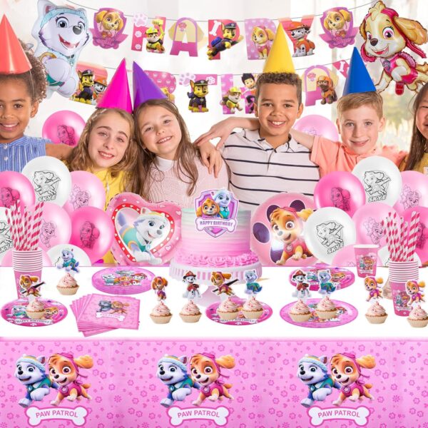 Birthday Decorations,109PCS Paw Dog Party Decorations Kids' Party Tableware Set, Pink Birthday Party Supplies with Birthday Banner, Cake Topper, Balloons, Plates, Napkins, Cups,Straws and Tablecloths - Image 6