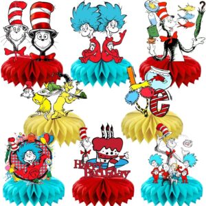 8Pcs Doctor Seuss Honeycomb Table Centerpiece, Cat in the Hat Birthday Party Supplies Table Decorations for Doctor Seuss Party Decorations