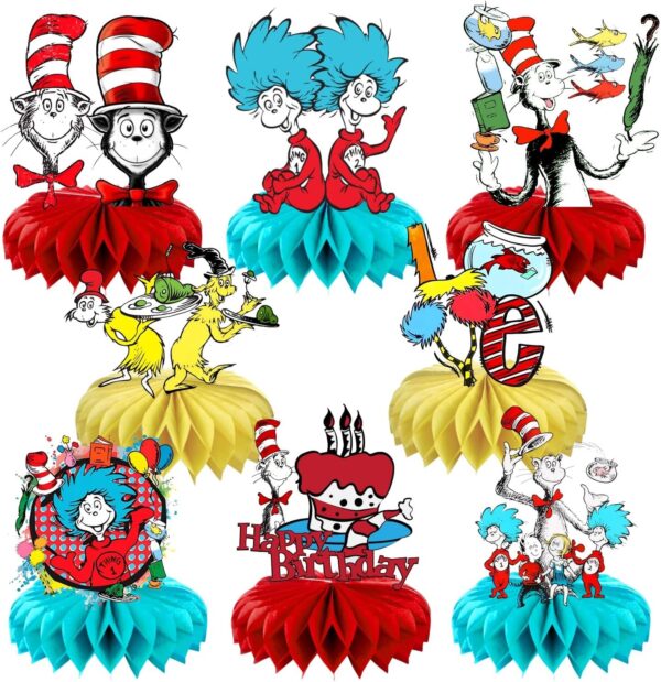 8Pcs Doctor Seuss Honeycomb Table Centerpiece, Cat in the Hat Birthday Party Supplies Table Decorations for Doctor Seuss Party Decorations