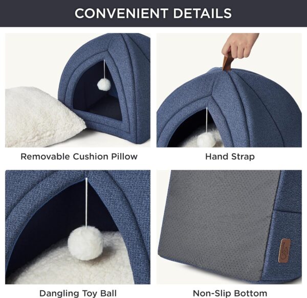 Bedsure Cat Cave Bed Igloo - Small Cat Tent Bed House with Removable Washable Cushion Pillow Foldable Portable Pet Bed,Navy Blue, 40x40x40cm - Image 5