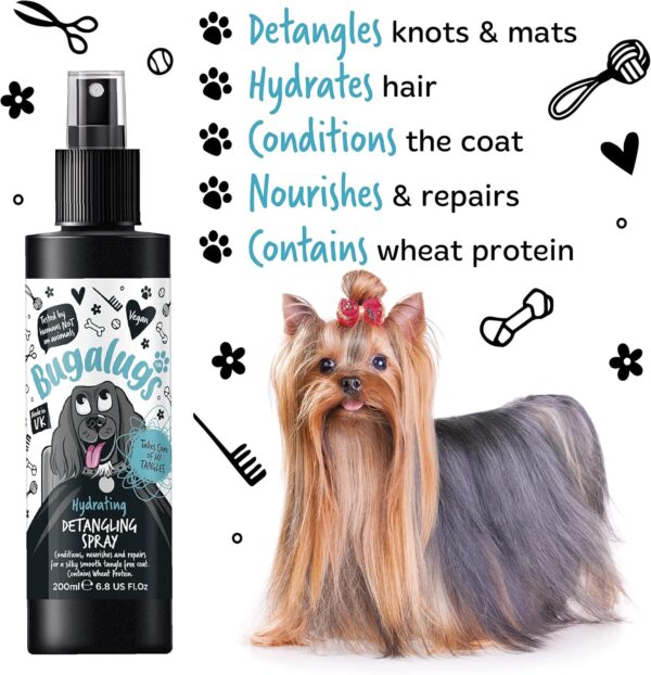 Bugalugs Dog Detangler Spray - leave In conditioner spray for de matting. No tangles. Professional dog grooming formula contains Wheat protein. Pet detangling spray knot removal (200ml) - Image 4