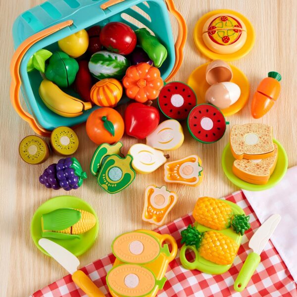 JOYIN 71Pcs Cutting Play Food Toy for Toddlers Kitchen, Fake Food for Kids Play Kitchen, Includes Plastic Fruit &Vegetables, Storage Basket, Mini Dishes and Knife, Pretend Play Toys, Toddler Gifts - Image 7