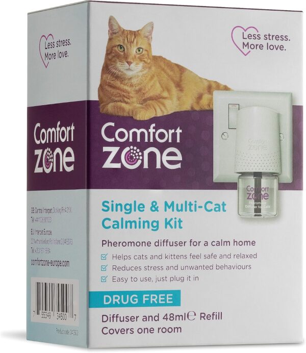 Comfort Zone Calming Pheromone Diffuser Starter Kit, for a Calm Single or Multi-Cat Home, Reduces Stress, Spraying, Scratching & Other Problematic Behaviours, 1 Diffuser & 1 Refill - Image 2