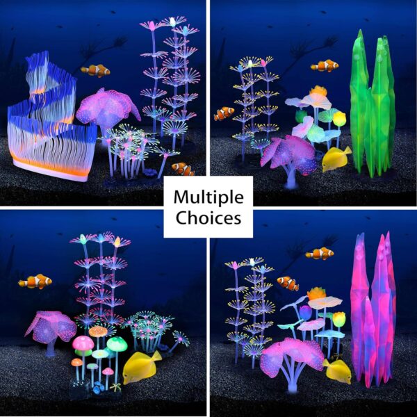 Filhome Glowing Fish Tank Decorations Plants, 4 pcs Glow Aquarium Coral Ornament Decorations Glowing Mushroom Coral Plant Lotus Kelp and Anemone - Image 6