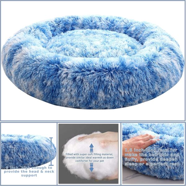 Comlax Calming Donut Dog Beds Small, Round Cushion with Removable Washable Cover, Anti-Anxiety Faux Fur Cuddler, Fluffy Comfy Furry Pet Bed (50cm, Blue) - Image 4