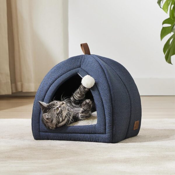 Bedsure Cat Cave Bed Igloo - Small Cat Tent Bed House with Removable Washable Cushion Pillow Foldable Portable Pet Bed,Navy Blue, 40x40x40cm - Image 3