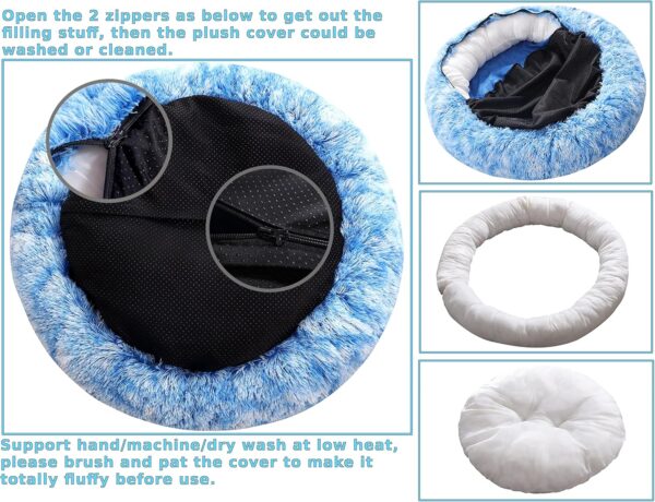 Comlax Calming Donut Dog Beds Small, Round Cushion with Removable Washable Cover, Anti-Anxiety Faux Fur Cuddler, Fluffy Comfy Furry Pet Bed (50cm, Blue) - Image 2