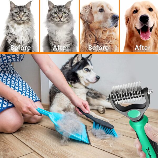 Candure Dematting Comb for Dog and Cat, Pet Grooming Rake and Brushes for Small & Medium Dogs 11+6 Double Sided Blade Deshedding Tool Removes Knots, Undercoat, Mats and Tangled Hair (Green) - Image 8