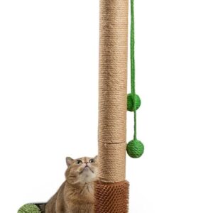 ANWA 35" Tall Cat Scratching Post for Kitten and Large Cats, Scratching Post for Indoor Cats with Self-Grooming Rubber Brush, Cat Sisal Post with Simulated Leaves, Green