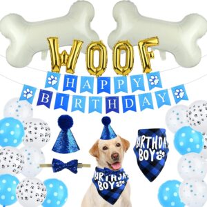 ASTARON Pet Dog Birthday Party Supplies,Blue Boy Dog Birthday Hat Bandana with Bone Balloons Puppy Birthday Banner for Pet Birthday Party Supplies decorations