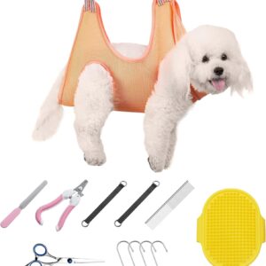 Allazone Pet Grooming Hammock for Cats Dogs Kit, Pet Supplies Kit Breathable Dog Hammock Restraint Bag with Nail Clippers,Trimmer, Nail File, Pet Comb for Bathing Washing Trimming Nail, Orange