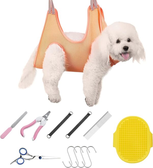 Allazone Pet Grooming Hammock for Cats Dogs Kit, Pet Supplies Kit Breathable Dog Hammock Restraint Bag with Nail Clippers,Trimmer, Nail File, Pet Comb for Bathing Washing Trimming Nail, Orange