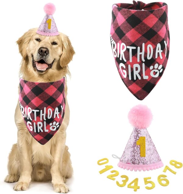 Amaxiu Dog Birthday Party Set, Girl Dog Birthday Bandana Hat with 8 Bling Number Pet Happy Birthday Supplies Glitter Hat Plaid Bandana for Small Medium Large Dogs (Pink)