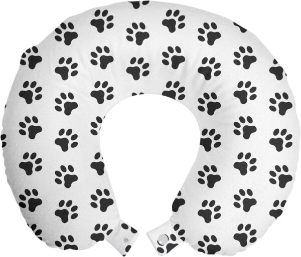 Ambesonne Paw Print Travel Pillow Neck Rest, Puppy Kitten Dog and Cat Themed Repetitive Pet Foot's Stains Concept, Memory Foam Traveling Accessory for Airplane and Car, 12", Grey White