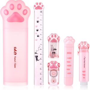 Andibro Cute Cat Paw Stationery Set, 6 Pcs Kawaii Cat Stationary Kit Pencil Sharpener Retractable Eraser Correction Tape Ruler School Supplies for Cat Lovers Students Stationery Office Supplies