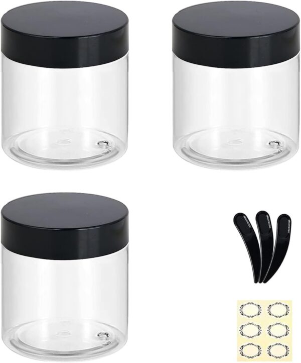 Apstaqeoo 3PCS 200ML Empty Plastic Jars With Black Lids, Clear Round Face Cream Jars Cosmetic Container Travel Storage Jar With Inner Liners for Body Scrub/Lotion/Powder/Ointment/Salves/Sample/Makeup