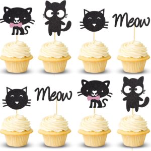 Arthsdite 24Pcs Cat and Meow Cupcake Toppers Kitten Cat Cupcake Food Picks Cat Lover Kitten Theme Baby Shower Kids Birthday Wedding Party Cake Decorations Supplies - Black Glitter