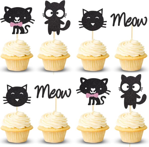 Arthsdite 24Pcs Cat and Meow Cupcake Toppers Kitten Cat Cupcake Food Picks Cat Lover Kitten Theme Baby Shower Kids Birthday Wedding Party Cake Decorations Supplies - Black Glitter