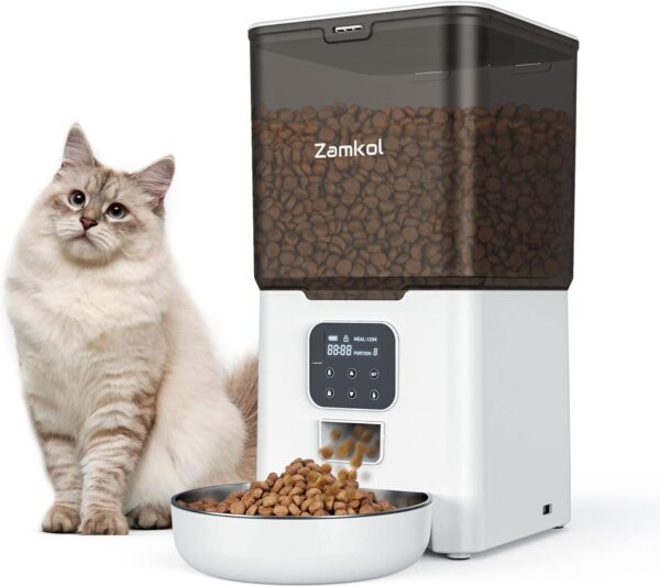 Automatic Cat Feeder, 6L Timed Pet Food Dispenser Up to 48 Portions 4 Meals Per Day, Dual Power Supply, Stainless Steel Bowl & Desiccant Bag, LCD Screen, 10s Voice Recorder for dogs and cats