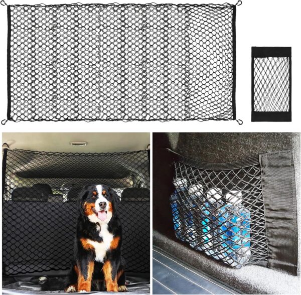 BBXWANG Dog Guard for Car Boot Universal, Dog Car Barrier Dual Layer Safety Net, Mesh Fence Car Dog Guard 47.24" x 35.43", Pet Travel Vehicle Accessories, with Car Storage Organiser Net Velcro