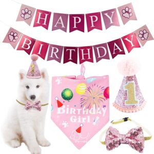 BIPY Dog 1st Birthday Hat Bandana Bowite Banner Set for Girls Small Medium Pets Pink Headdress Costumes Grooming Supplies for Party Celebration Decoration