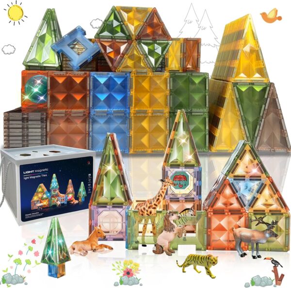 BUBUQE Magnetic Tiles 3D Magnet Building Block Toys Educational Stem Learning Toy with Farm Animal and Lighting Effect Construction Sensory Toys Preschool Gift for Boys and Girls 3 4 5 6 7 8 Years+