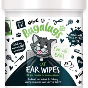 BUGALUGS Cat Ear Cleaner Cat Wipes 100 Biodegradable textured pre-soaked cat ear wipes. Pet Wipes Cat Ear Cleaner Solution Stops Head Shaking, Itching & Waxy Ears (100 Wipes)