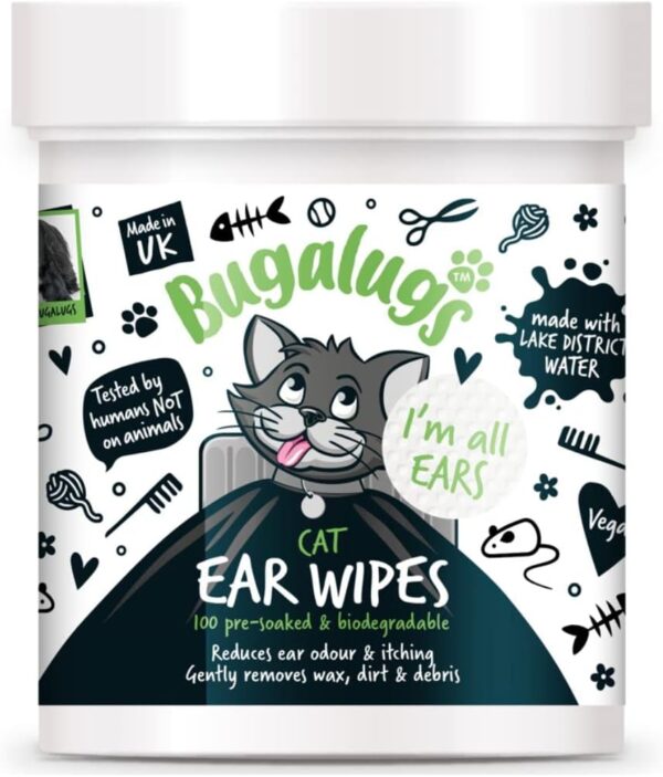 BUGALUGS Cat Ear Cleaner Cat Wipes 100 Biodegradable textured pre-soaked cat ear wipes. Pet Wipes Cat Ear Cleaner Solution Stops Head Shaking, Itching & Waxy Ears (100 Wipes)