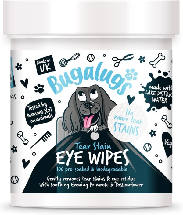 BUGALUGS Dog Eye Wipes 100 Biodegradable textured pre-soaked Dog Wipes. Safe & Easy Cleaning For Dogs - Pet Eye Wipes Remove Tear Stains, Dog Eye Crust & Eye Discharge