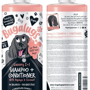 BUGALUGS Dog Shampoo Luxury 2 in 1 Papaya & Coconut dog grooming shampoo products for smelly dogs with fragrance, best puppy shampoo, professional groom Vegan pet shampoo & conditioner