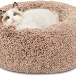 Bedsure Cat Bed Donut Bed - Cat Beds for Indoor Cats, Washable Fluffy Kitten Bed for Anti-Anxiety and Calming, Camel, 50x50x16cm