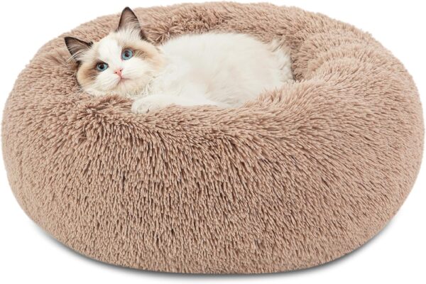 Bedsure Cat Bed Donut Bed - Cat Beds for Indoor Cats, Washable Fluffy Kitten Bed for Anti-Anxiety and Calming, Camel, 50x50x16cm