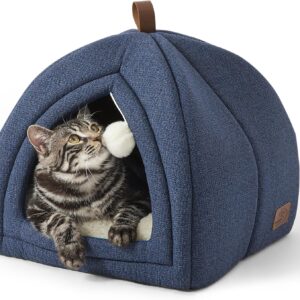 Bedsure Cat Cave Bed Igloo - Small Cat Tent Bed House with Removable Washable Cushion Pillow Foldable Portable Pet Bed,Navy Blue, 40x40x40cm