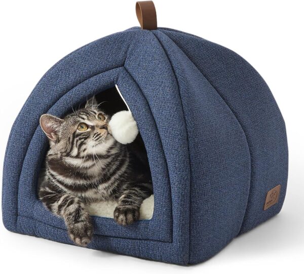 Bedsure Cat Cave Bed Igloo - Small Cat Tent Bed House with Removable Washable Cushion Pillow Foldable Portable Pet Bed,Navy Blue, 40x40x40cm