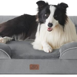 Bedsure Large Dog Bed Sofa - Washable Orthopedic Dog Beds and Couch with Removable Flannel Cover, Waterproof Dog Pillow with U-Shape Bolster, Grey Squre Pet Bed Fits up to 30kg, 89x63x16cm