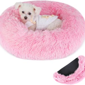 Belababy Donut Dog Bed with Removable Cover, Washable Anti Anxiety Dog Cat Bed for Small Medium Dogs, Calming Pet Puppy Bed and Fluffy Plush Cuddler with Anti-Slip Bottom, Gradient Pink, 40cm