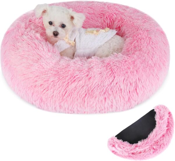 Belababy Donut Dog Bed with Removable Cover, Washable Anti Anxiety Dog Cat Bed for Small Medium Dogs, Calming Pet Puppy Bed and Fluffy Plush Cuddler with Anti-Slip Bottom, Gradient Pink, 40cm