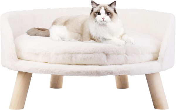 BingoPaw Cat Sofa Chair Bed: Elevated Nordic Pet Stool Bed with Removable Waterproof Mat - Raised Plush Fur Dog Kitten Couch with Wooden Legs Frame (Dia 40cm)