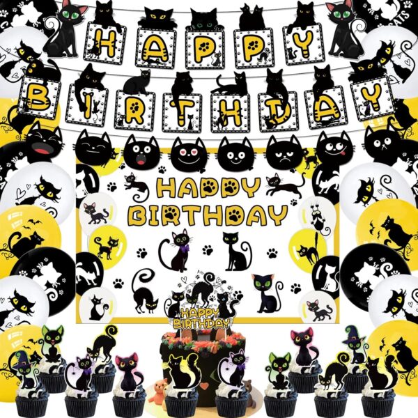 Black Cat Birthday Party Supplies Cat Themed Party Decoration Set Includes 5 x 3ft Black Cat Backdrops, Cat Happy Birthday Banner, Cake Topper, Cupcake Toppers, Balloons