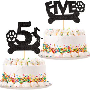 Blumomon 2Pcs Dog Five Cake Toppers Black Glitter Dog Paw Five Birthday Cake Decorations for Puppy Dog Theme Baby Shower Kids Boys Girls 5th Birthday Party Supplies