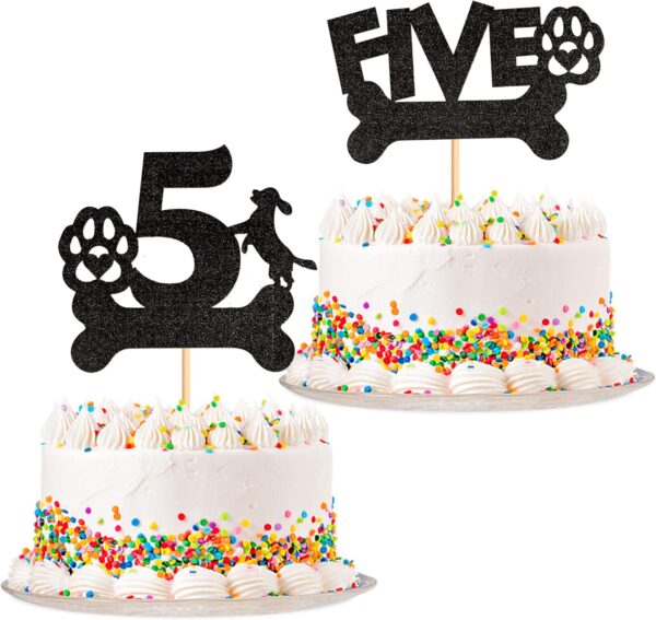 Blumomon 2Pcs Dog Five Cake Toppers Black Glitter Dog Paw Five Birthday Cake Decorations for Puppy Dog Theme Baby Shower Kids Boys Girls 5th Birthday Party Supplies