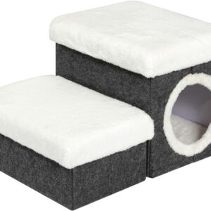 Bonlife Cat Bed for Indoor Cats,Cat house with Cat Steps,Foldable Pet Steps with Storage,Folding Pet Ramp for Bed,Pet Ladder,Dark Grey,58x40x32cm