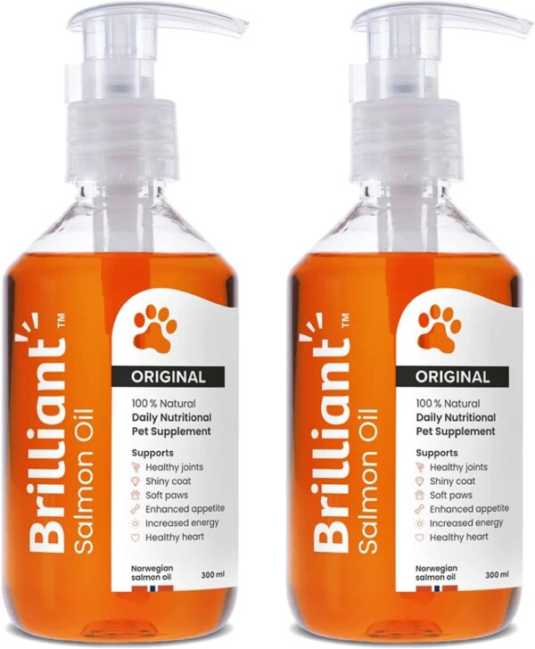 Brilliant Salmon Oil for Dogs, Cats, Puppy, Horse, Ferret & Pets - Pure Omega 3, 6 & 9 Fish Oil Food Supplement | Treats Itchy Skin, Joint Care, Heart Health & Natural Coat Hofseth BioCare (2x300ml)