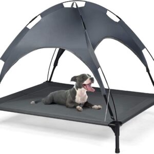 COSTWAY Raised Dog Bed, Elevated Pet Cot with Removable Canopy, Breathable Fabric & Steel Frame, Portable Cooling Dog Bed Tent for Camping Beach Lawn