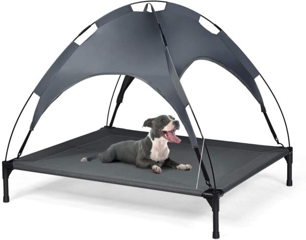 COSTWAY Raised Dog Bed, Elevated Pet Cot with Removable Canopy, Breathable Fabric & Steel Frame, Portable Cooling Dog Bed Tent for Camping Beach Lawn