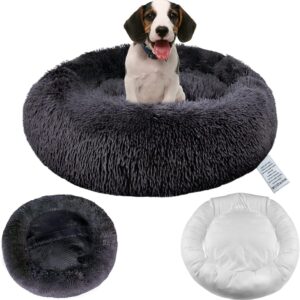 Calming Dog Bed with Removable Cover, Washable Donut Anti Anxiety Dog Beds, Soft Round Cuddler Cat Bed, Fluffy Plush Comfy Warm Puppy Pet Bed with Zip for Small Medium Dogs, 50cm Dark Grey